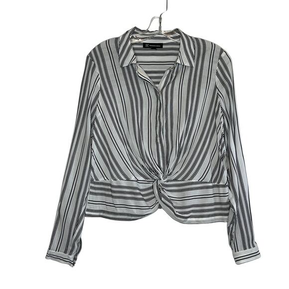 INC Twist Front Button Up Shirt Striped White Black Womens Small - Picture 2 of 13